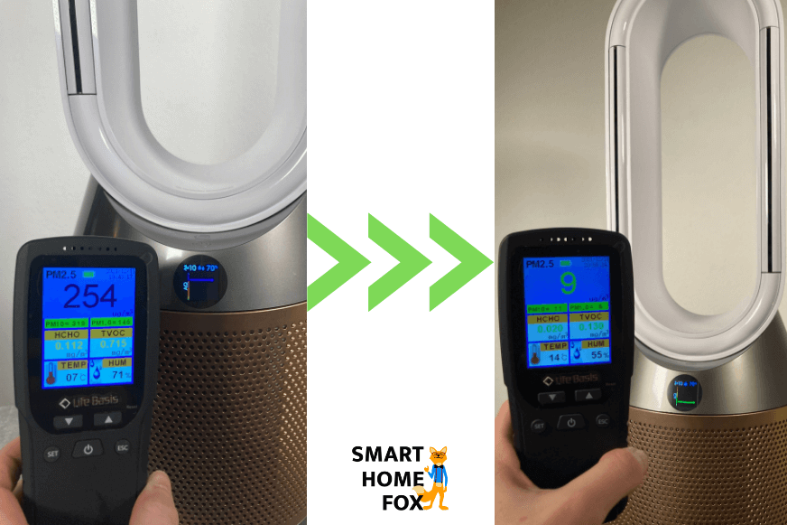 Die Messwerte am Anfang und nach 60 Minuten im Test auf Feinstaub, daneben steht der Dyson Purifier Humidify+Cool Formaldehyde PH04 auf maximaler Stufe 10